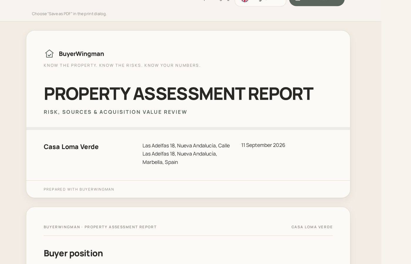 BuyerWingman kjøperveiledning som viser en prisantydning, et risikokorrigert prisintervall, en rettferdig pris og faktorene som produserte dem