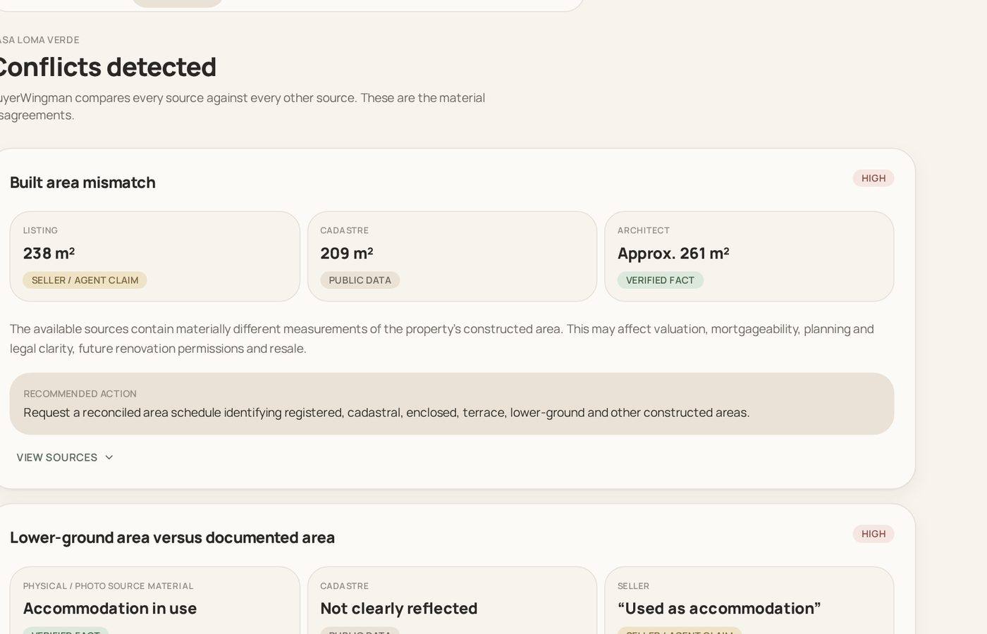 BuyerWingman due diligence-visning avdekket avvik mellom annonse, register og teknisk rapport med tilhørende kilder