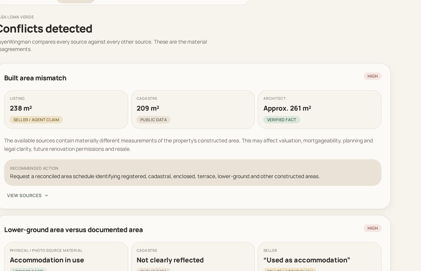 BuyerWingman due diligence-visning der lister opdagede konflikter mellem tal fra annonce, tingbog og teknisk rapport med deres kilder
