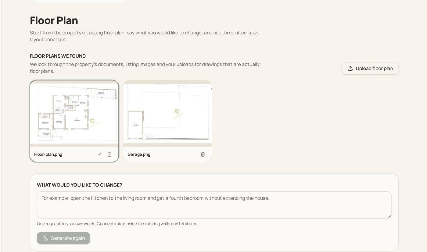 BuyerWingman Floor Plan-visning som viser eiendommens eksisterende plantetegninger og et forespørselfelt for å generere planløsningskonsepter