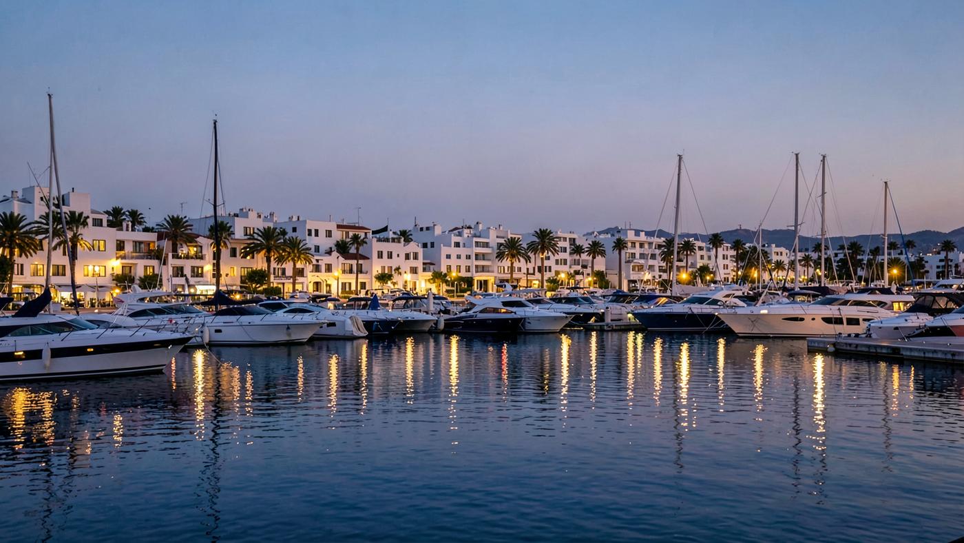 Puerto Banús style marina at dusk with moored yachts and white low-rise Mediterranean buildings lit warmly