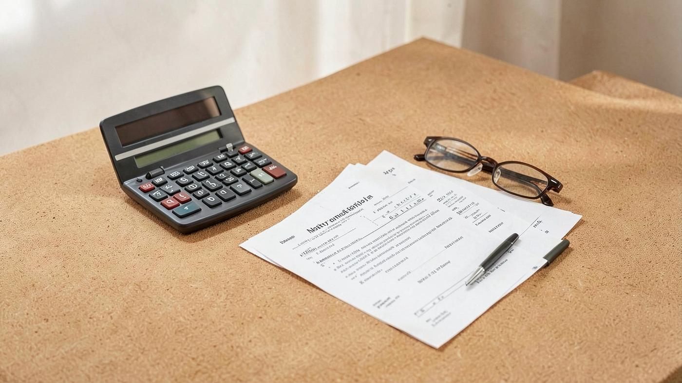 Calculator, property deed papers, reading glasses and a pen on a warm sand-coloured desk