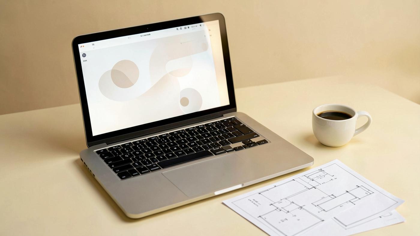Laptop on a warm off-white desk beside printed plans and a coffee cup, showing a calm neutral interface