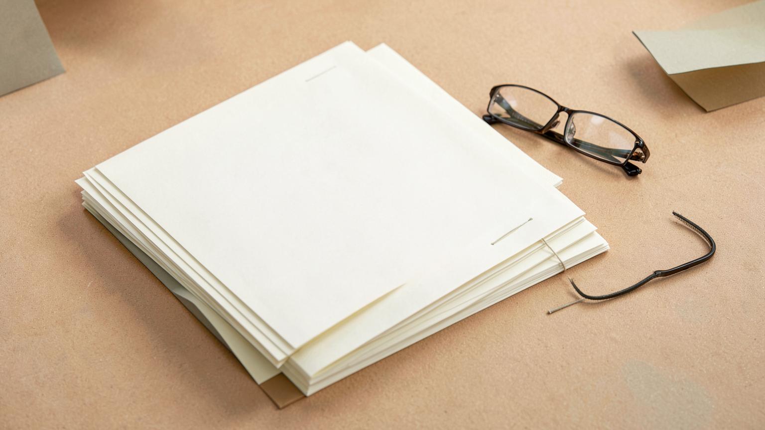 Neat stack of blank cream documents and folders on a warm sand-coloured desk beside reading glasses