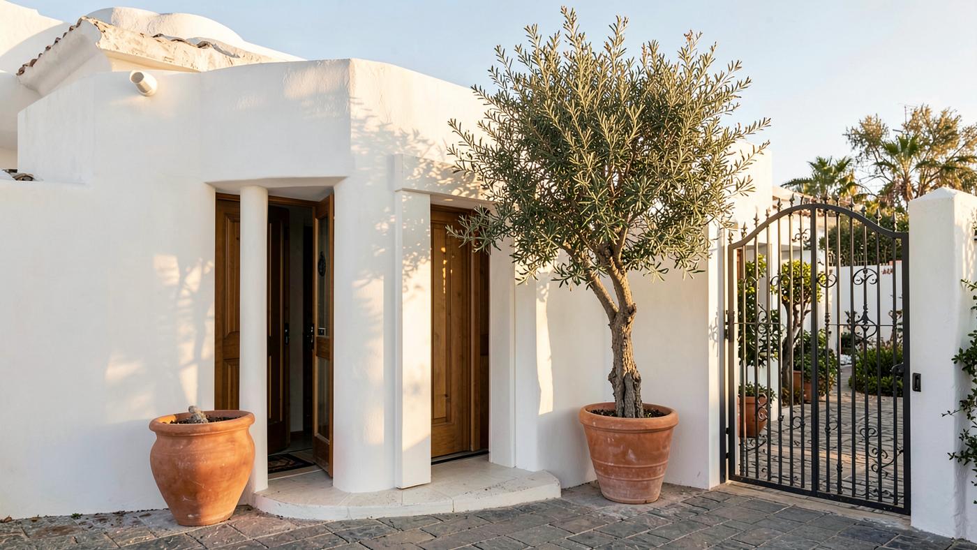 Entrance to a white Andalusian villa in Marbella with terracotta pots, an olive tree and a wrought iron gate