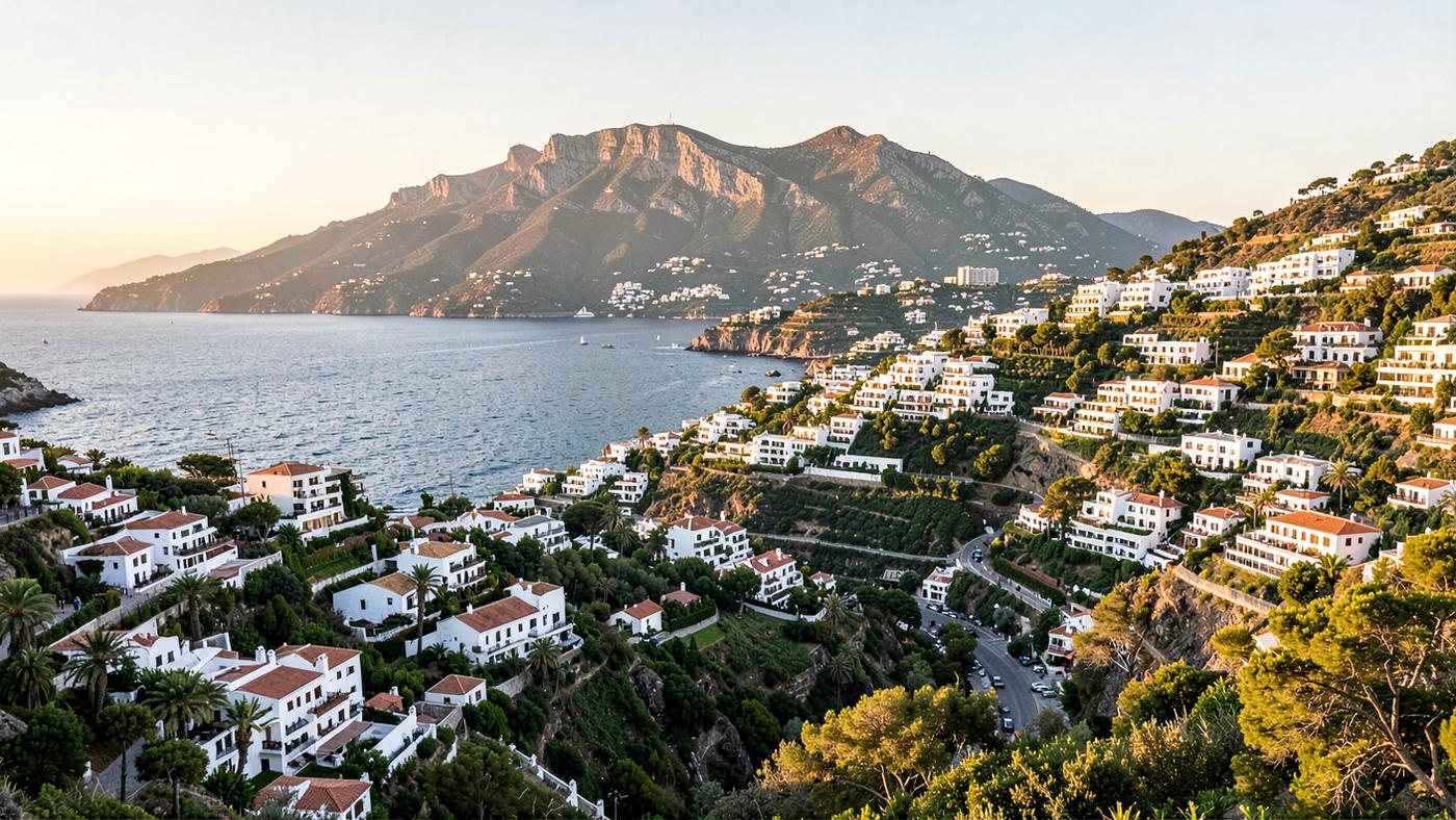 Panoramic view of white Mediterranean villas on green hillsides above the sea in Marbella, Spain