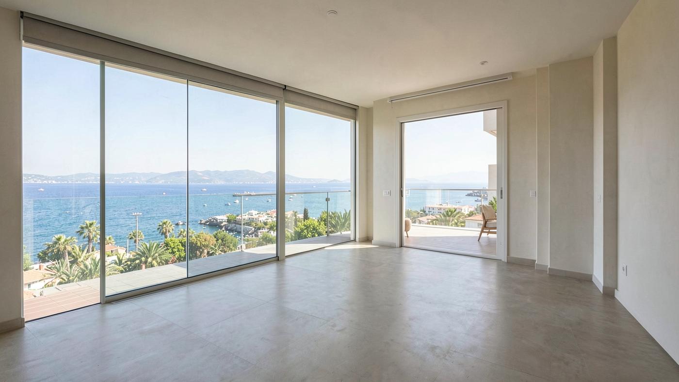 Empty new-build apartment interior with floor-to-ceiling glazing and a terrace overlooking the Mediterranean coastline
