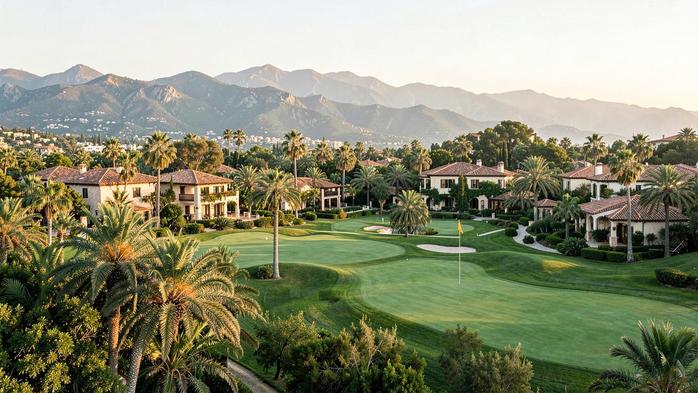 Mediterranean villas with tiled roofs among palm trees beside a golf fairway with mountains behind, Nueva Andalucía