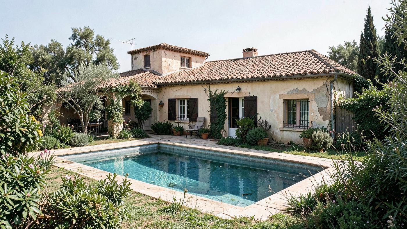 Dated Mediterranean villa with tiled roof, older swimming pool and mature garden in need of refurbishment