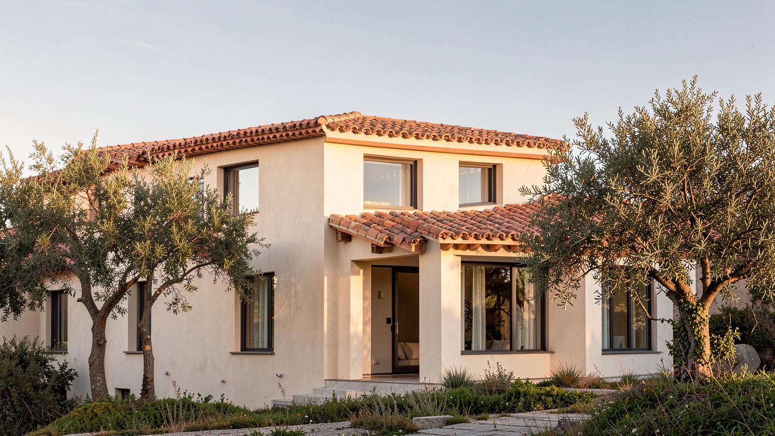 Mediterranean villa facade with terracotta roof tiles and olive trees in late afternoon light