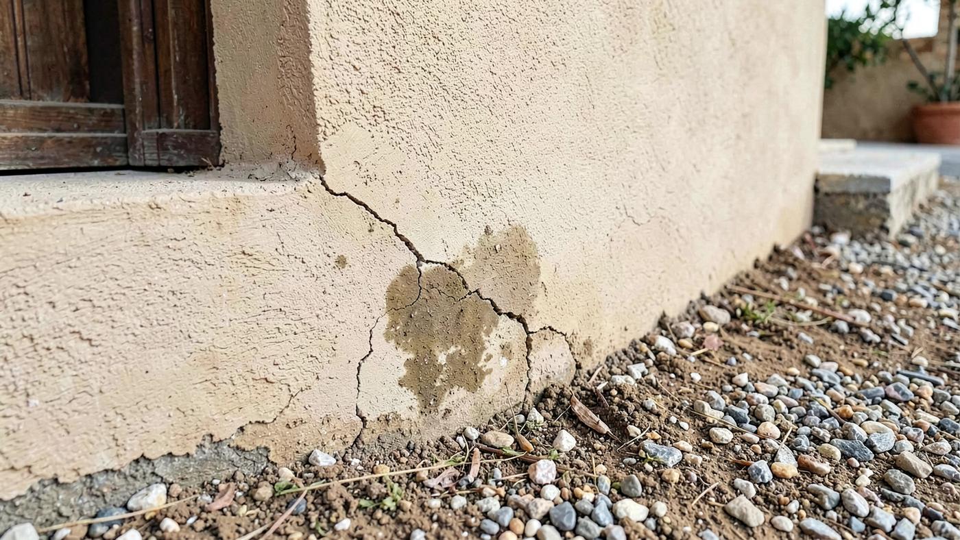 Close-up of a hairline crack and damp staining at the base of a rendered exterior wall