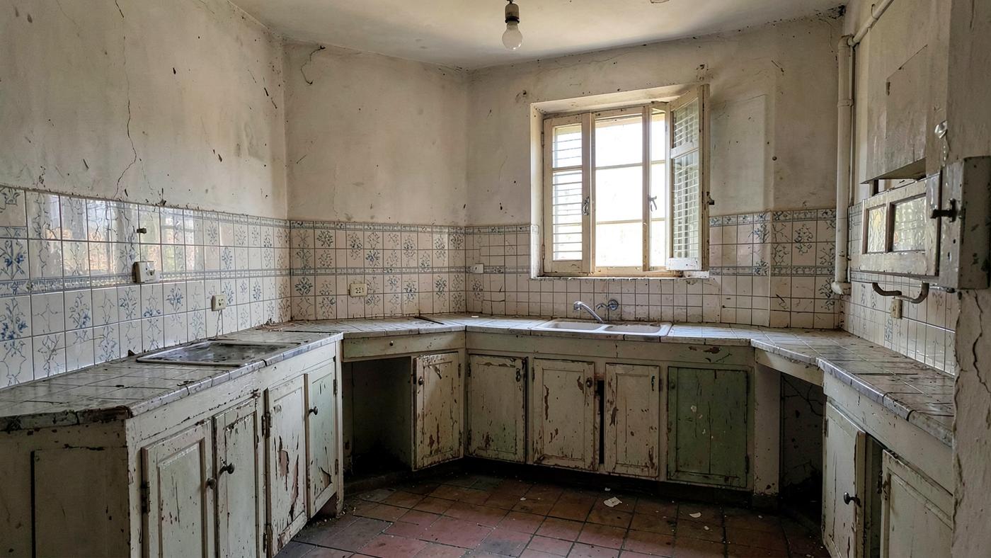 Dated villa kitchen awaiting renovation with worn cabinets, old tiling and daylight through shutters