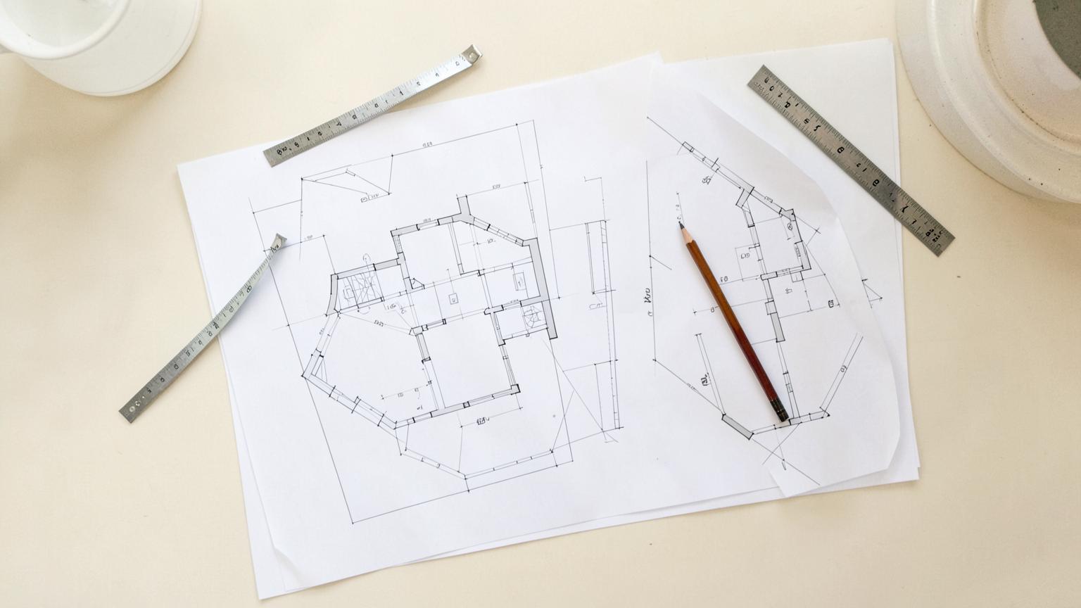 Architect's floor plan drawings with a measuring tape, scale ruler and pencil on a warm off-white desk