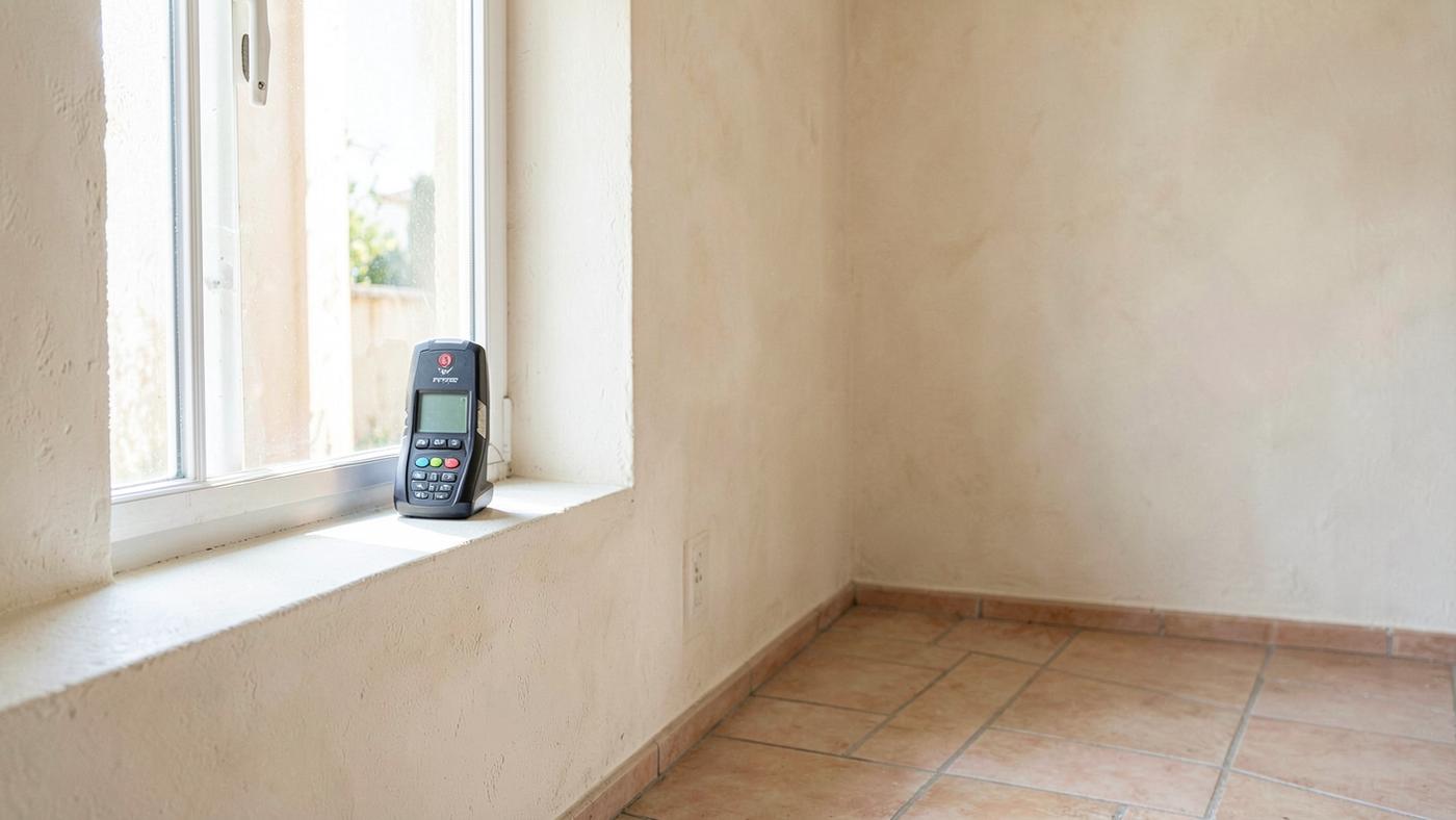 Laser distance measurer resting on the windowsill of an empty room with pale plaster walls and tiled floor