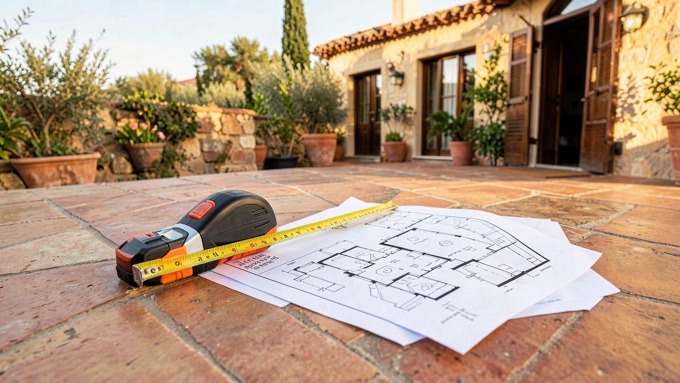 Tape measure and printed floor plans resting on the terracotta terrace of a Mediterranean house