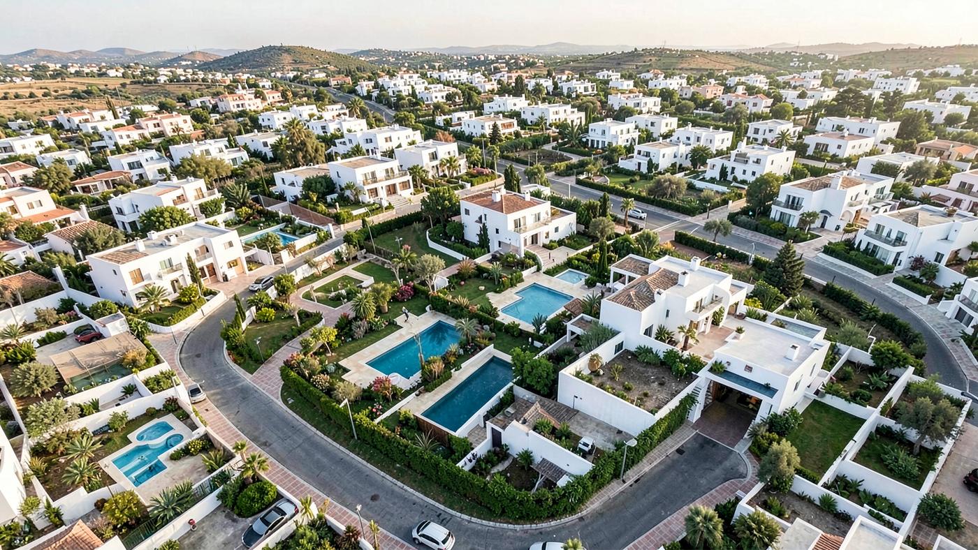 Aerial view of a Mediterranean residential neighbourhood with white villas, pools and gardens along curved streets